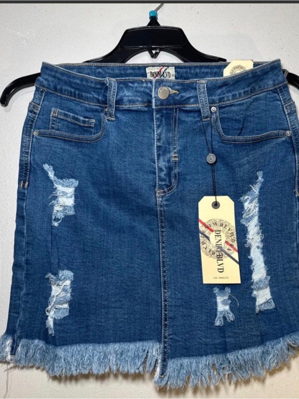 Dark Blue Distressed Denim Mini Skirt - Unbranded